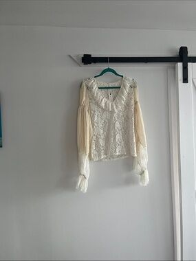 Anthropologie Cream Lace Blouse with Sheer Balloon Sleeves